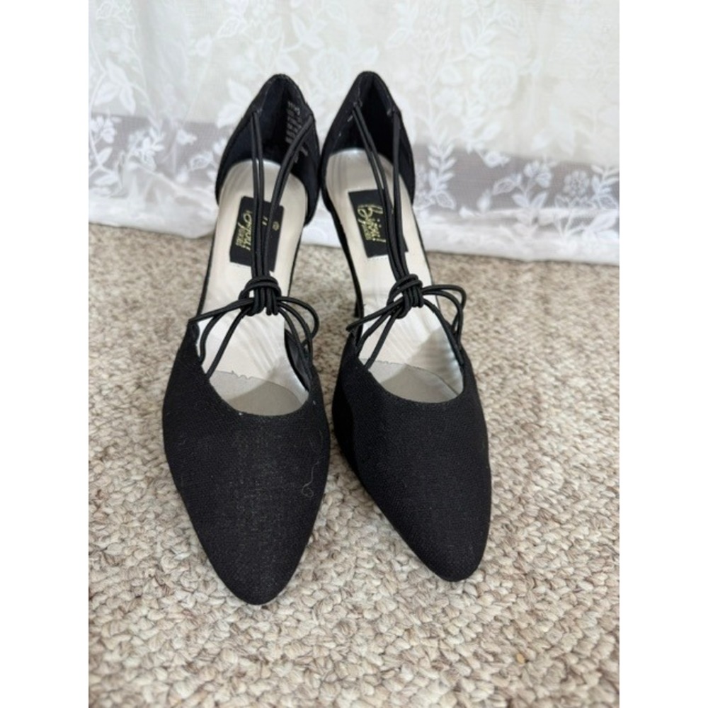 90s Bijou Shoes Black Fabric Multi Strap Tie D'Orsay Pointed Toe Pumps Size 8.5